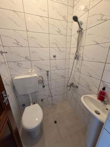 a bathroom with a toilet and a sink at Apartamento Rua de Horta in Ribeira Grande