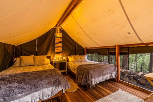 a tent with two beds in a room at Enchanted Pines in Twain Harte