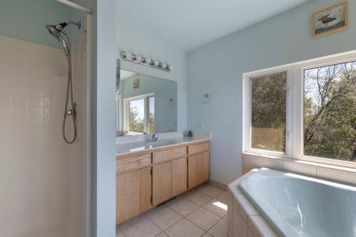 a bathroom with a tub and a sink and a mirror at Hidden Views Cabin in Twain Harte