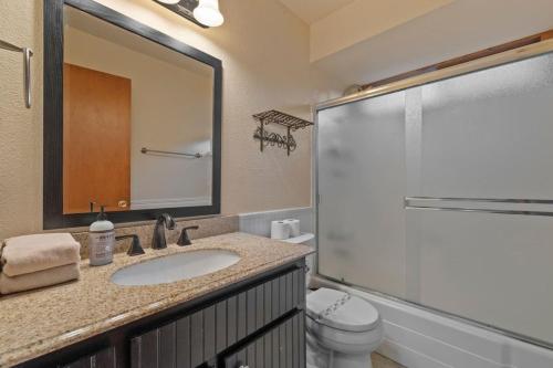 a bathroom with a sink and a toilet and a mirror at Hot Tub - Huge Deck - Lake Access in Twain Harte