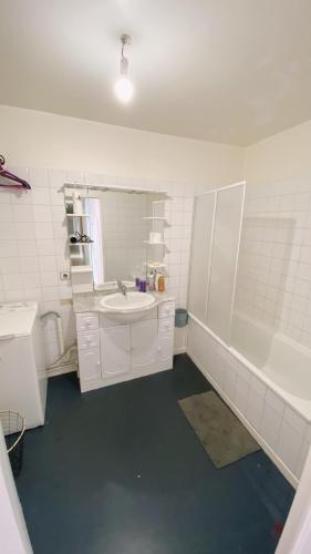 a white bathroom with a sink and a mirror at Nancy centre bienvenue, chambre chez l'habitant in Nancy