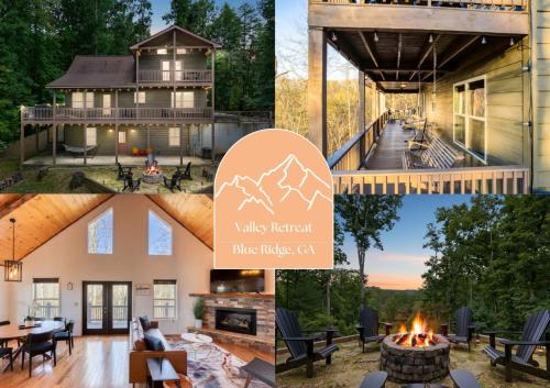 a collage of photos of a house with a fire place at 7 Min to DT Blue Ridge~Hot Tub~Fire Pit~Sleeps 12 in Blue Ridge