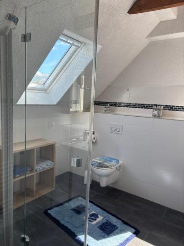 a bathroom with a toilet and a skylight at Huus Diekblick Ditzum in Bunde