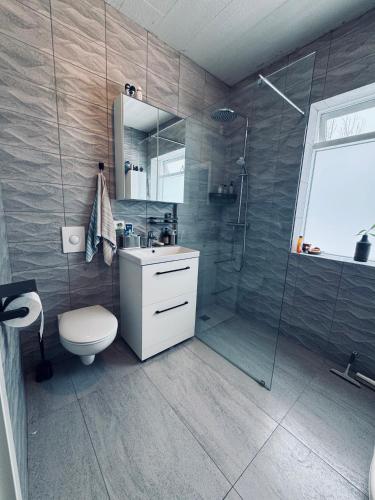 a bathroom with a shower and a toilet and a sink at Langafit Guest house in Garðabær