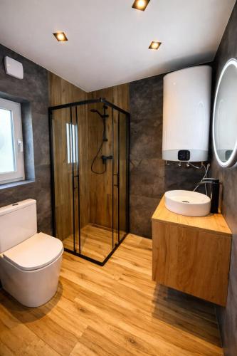 a bathroom with a shower and a toilet and a sink at SunSet Radków in Radków