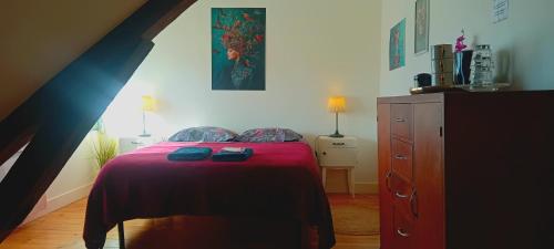 a bedroom with a bed with a red blanket at Chez ISA chambre chez l'habitant Léa in Montlouis-sur-Loire