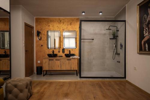 a bathroom with a shower and a sink at Hotel Domestika in Skopje