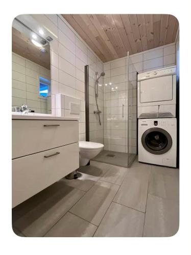 a bathroom with a washing machine and a toilet at Leilighet i Myrkdalen in Vossevangen