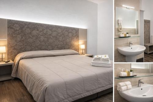 Zwei Bilder eines Schlafzimmers mit Bett und Waschbecken in der Unterkunft Hotel Okinawa in Rimini