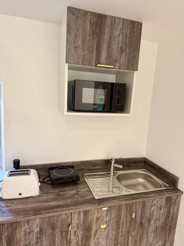 a kitchen counter with a sink and a microwave at La Grange de Bosc -Ardèche verte - Proche train de Lamastre in Saint-Prix