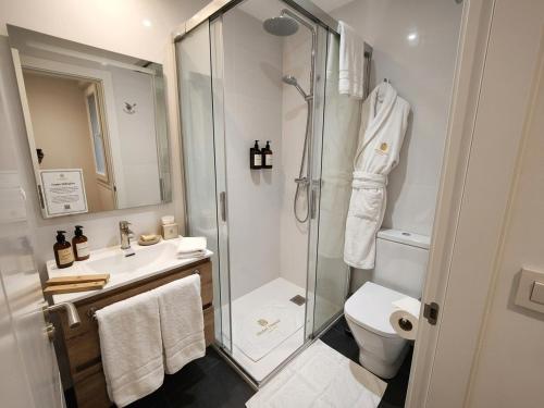 a bathroom with a shower and a toilet and a sink at Hostal Viña in Outes