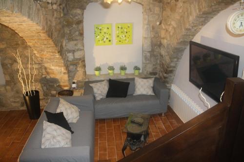 a living room with a couch and a tv at Cal Arxè in Besalú