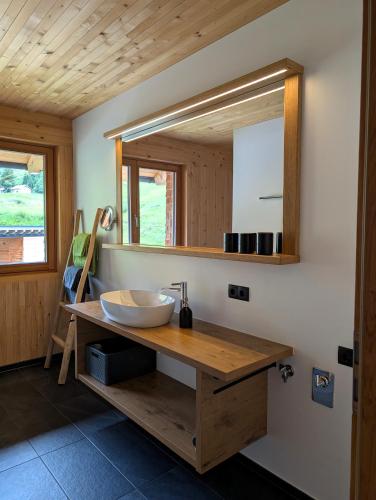 a bathroom with a sink and a mirror at Gästehaus Oben am Berg in Balderschwang