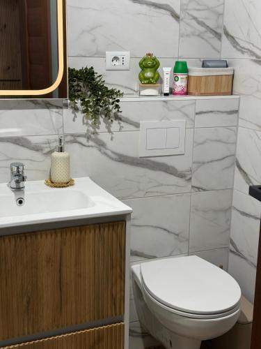 a bathroom with a white toilet and a sink at Apartament DAR25 in Sînmartin