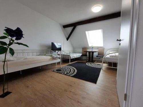 a bedroom with a bed and a tv in a room at Pension Bei Valentina in Wertheim