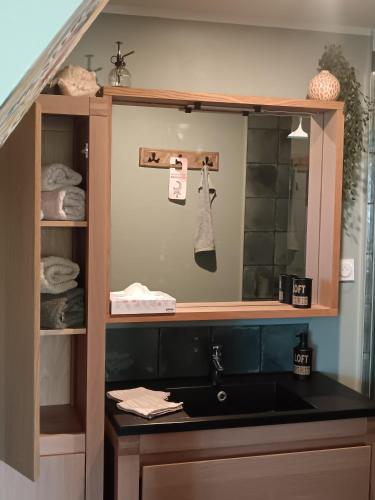 a bathroom with a sink and a mirror at Le clos des papillons in Carly