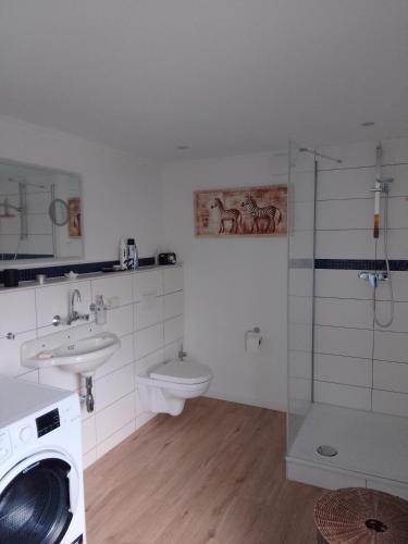 a bathroom with a toilet and a sink and a washing machine at Heimathafen Hamelwörden in Wischhafen