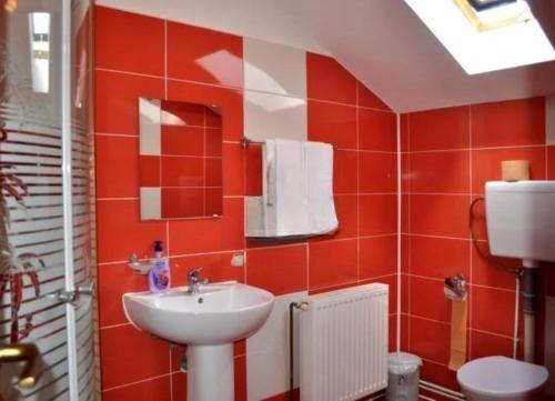 a red bathroom with a sink and a toilet at Casa Denis in Cristian