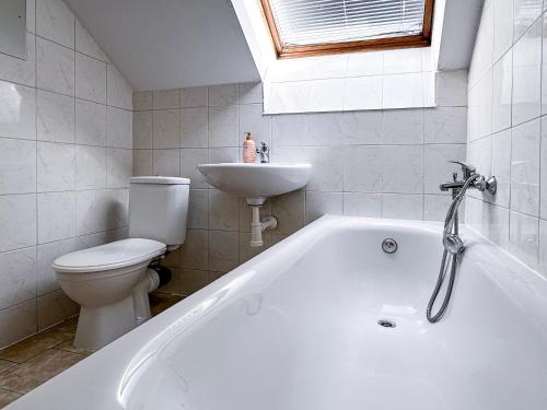 a bathroom with a tub and a toilet and a sink at Apartmány Žalák in Ostrava