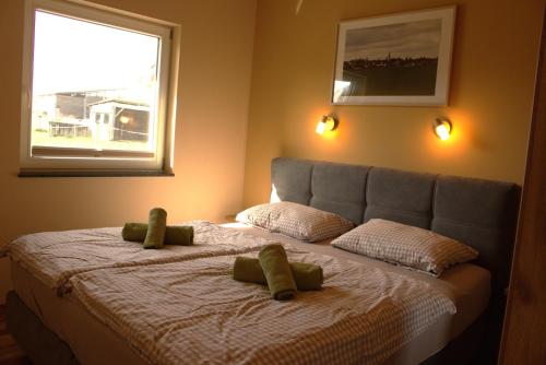 a bedroom with a bed with two green pillows on it at Weserberglandalm in Ottenstein