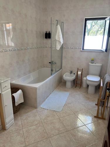 a bathroom with a tub and a toilet and a sink at Casa da Charrua in São Teotónio
