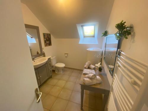 a bathroom with a sink and a toilet and a mirror at chez Sandrine in La Gacilly