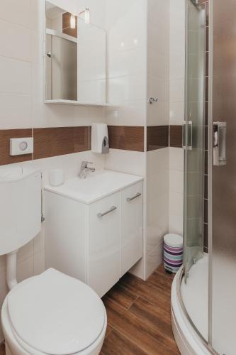 a white bathroom with a toilet and a shower at Lavanda Rooms & Apartment - Malinska in Malinska