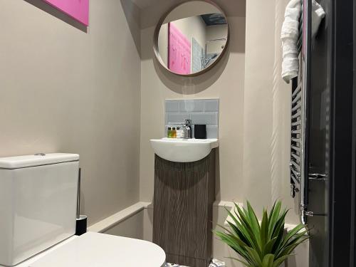 a bathroom with a sink and a toilet and a mirror at Spacious 3 Bed Apartment Sleeps 8 Parking Garden in Loughborough in Loughborough