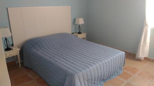 コティニャックにあるGite Les Oliviersのベッドルーム1室(青い掛け布団付きのベッド1台付)