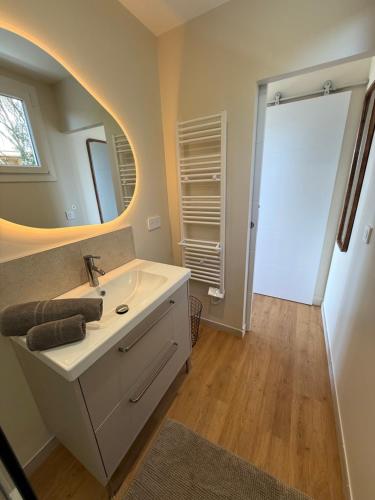 a bathroom with a sink and a mirror at La roche aux mouettes Ile du Levant in Île du Levant