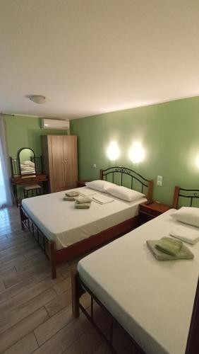 two beds in a room with green walls at House Eugenia Sarti in Sarti