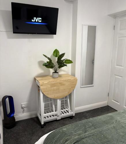 a tv on a wall with a plant on a table at The Snug Guestroom Poole in Poole