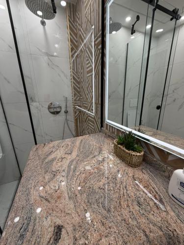 a bathroom with a granite counter top and a shower at Paris and Eneas Studios in Vlorë