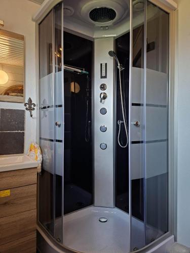 a shower with a glass door in a bathroom at Vakantiehuis Malaika in Rendeux