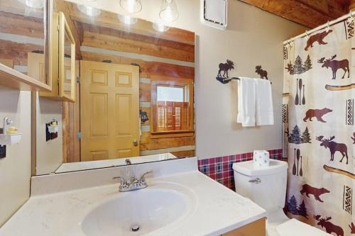 a bathroom with a sink and a toilet and a mirror at Napping Bear Cabin in Banner Elk