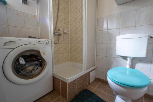 a bathroom with a washing machine and a toilet at Domek w Puszczy in Wiartel