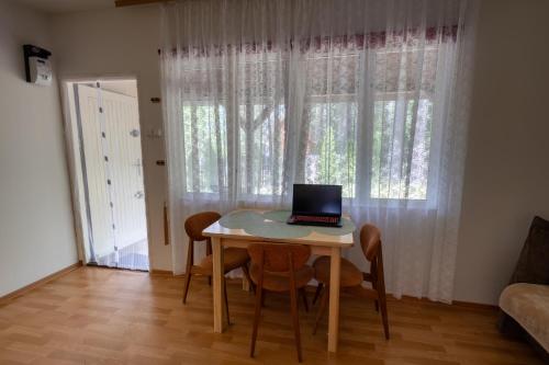 a laptop on a table in a room with a window at Domek w Puszczy in Wiartel