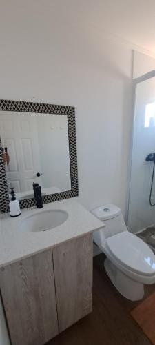 a bathroom with a white toilet and a sink at CABAÑA CON TINAJa in Guanaqueros