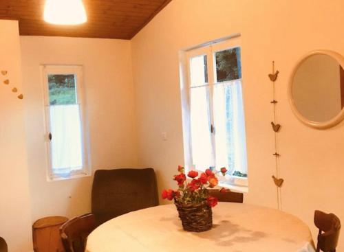 ein Zimmer mit einem Tisch, auf dem eine Vase mit Blumen steht in der Unterkunft Chalet ValNevera in Arsiè