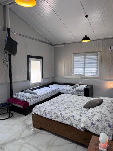 a bedroom with two beds and a flat screen tv at Bujtina Destan Doda in Librazhd