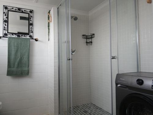 a bathroom with a shower and a washing machine at Turtle's Nest in Margate