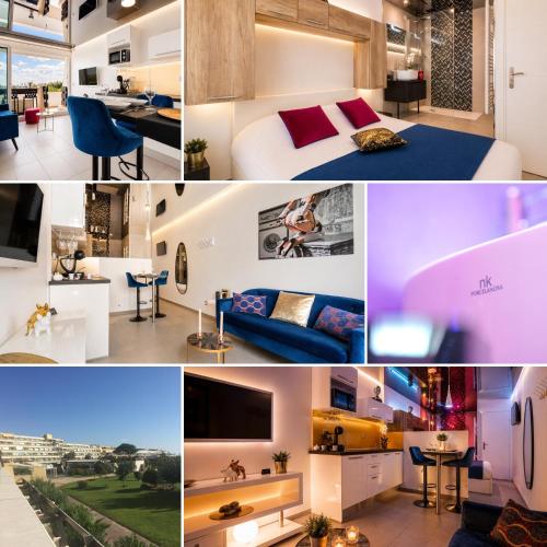 a collage of photos of a hotel room at Le Bocca Port Nature - Vue mer - coursive - Parking - Clim - Village Naturiste in Cap d'Agde