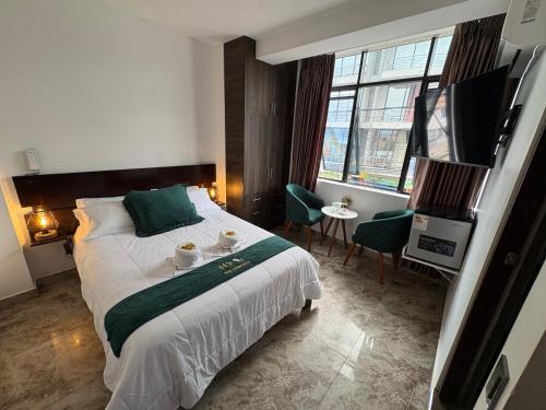 a hotel room with a bed and a television at Hotel San Francisco in Tarapoto