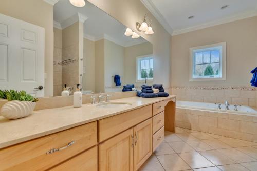 a large bathroom with a tub and a sink and a bath tub at The Hill Dog Friendly Panoramic Ocean Views in York