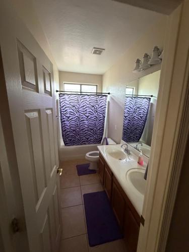 a bathroom with a sink and a toilet and a mirror at Goodyear Cul-de-sac Room 5 in Goodyear