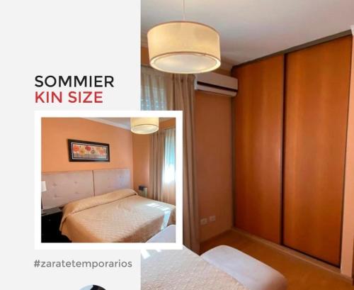 a room with a bed and a bedroom with a mirror at Zárate Temporarios in Zárate