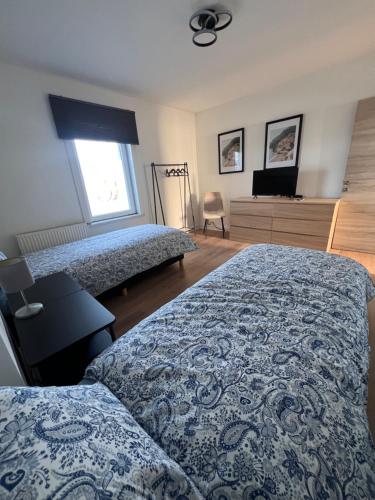 a bedroom with two beds and a window at Victoria II Parking GRATUIT in Boussu