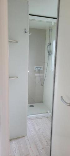 a bathroom with a shower with a glass door at FMLODGE mobil home le petit cocon in Valras-Plage