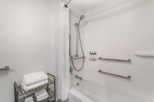 a white bathroom with a shower and a bath tub at Holiday Inn Knoxville N - Merchant Drive by IHG in Knoxville