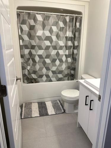 a bathroom with a toilet and a shower curtain at Moonlight Suite in Riverview